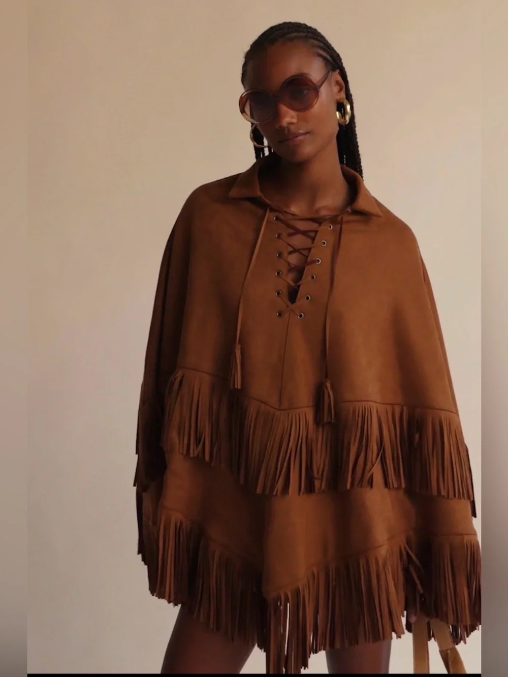 Free People Brown Suede Fringe Poncho